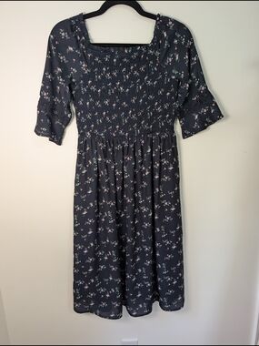 Smocked Navy Floral Midi Dress with Elbow Sleeves